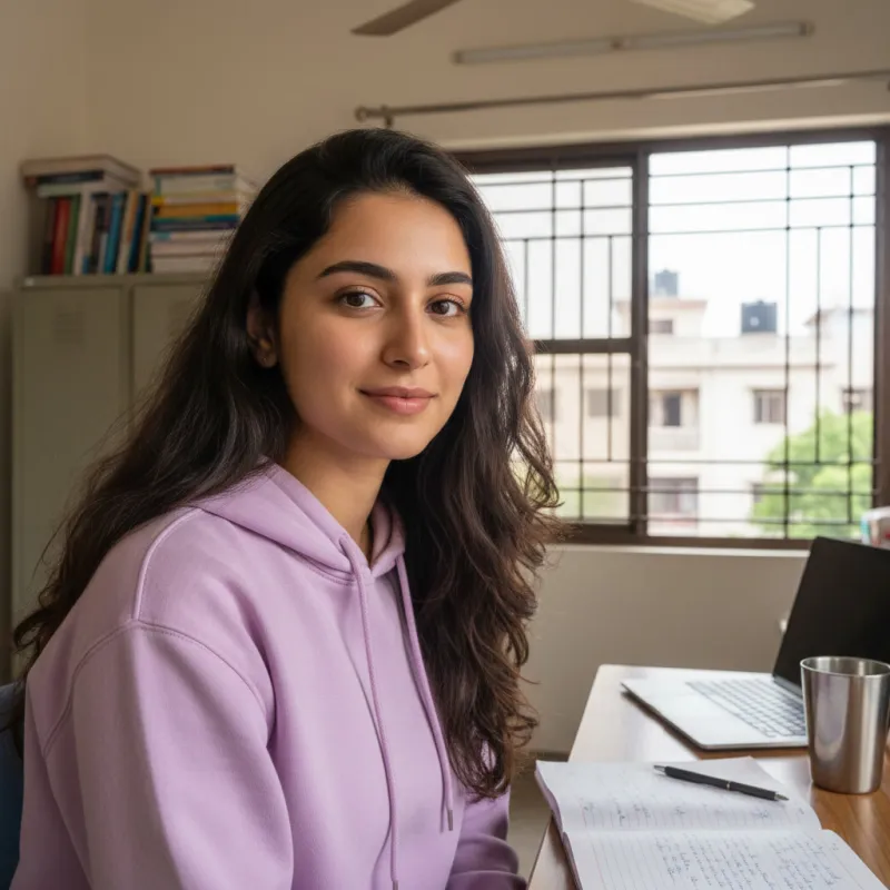 Student in a lavender hoodie